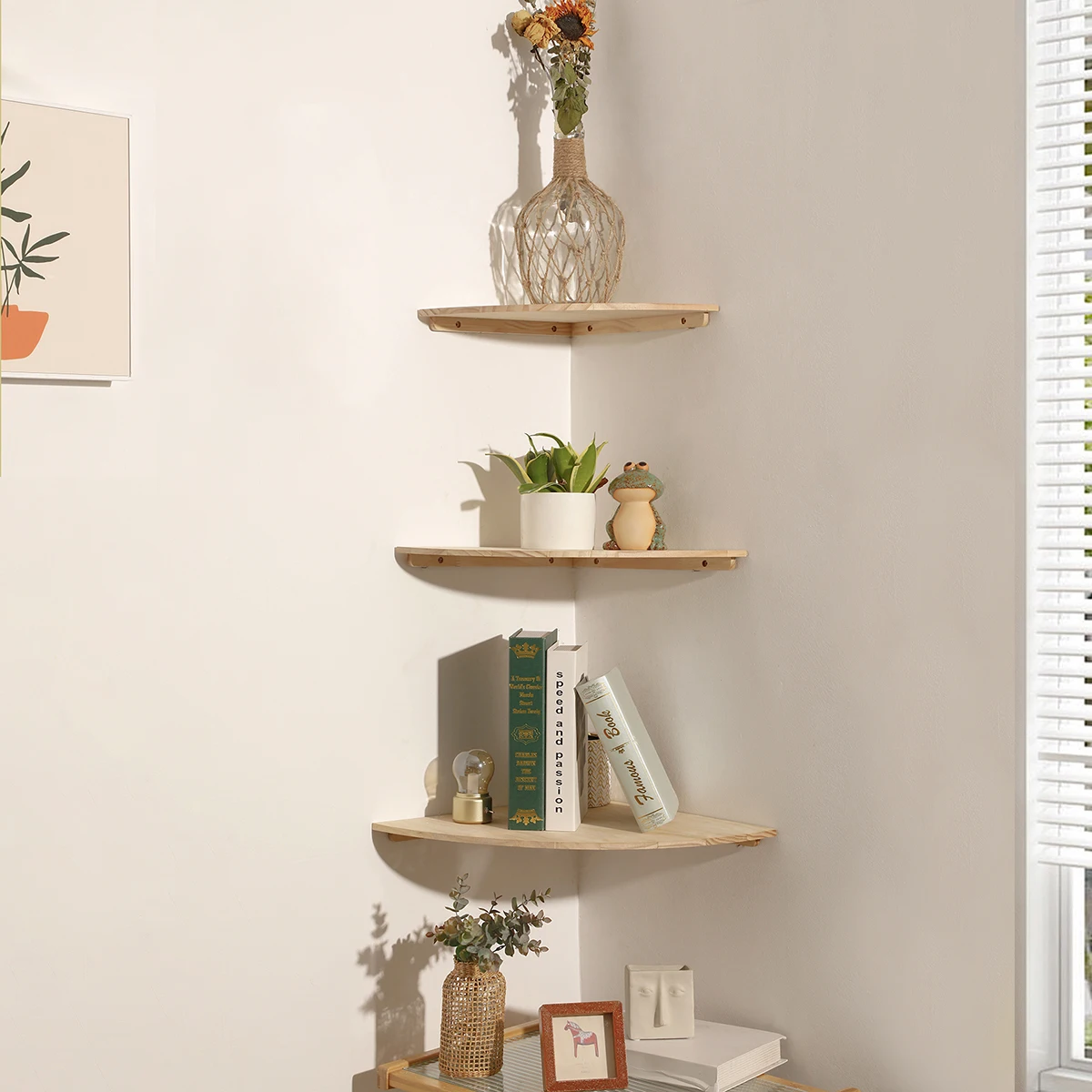 Wand-Eckregale, schwebendes Wandregal aus Holz, rundes Ende, wandmontiertes schwebendes Eckregal für Schlafzimmer, Wohnzimmer und Küche Image