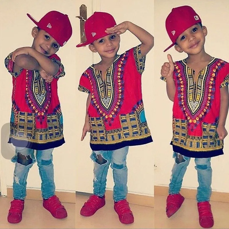 Großhandel für Kinder, 2019, Kind, neues Modedesign, traditionelle afrikanische Kleidung, bedrucktes Dashiki-T-Shirt für Jungen und Mädchen Image