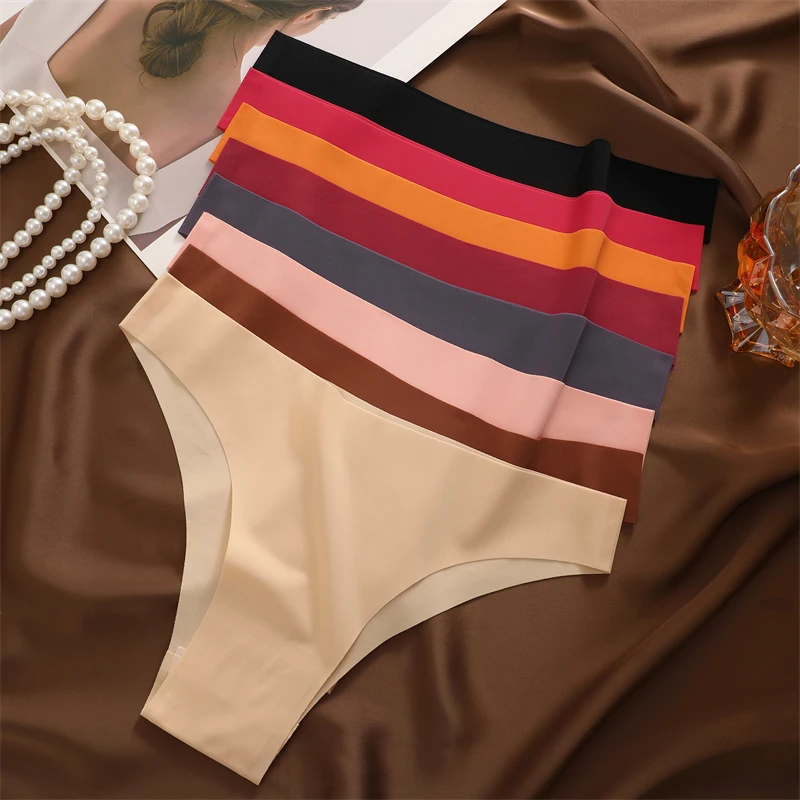 3Pcs Ultra-dünne Nahtlose Seide Unterwäsche frauen Höschen Sexy Low-Taille Stretch Bikini Einfarbig Slip Dessous XS-XXL Mode Image