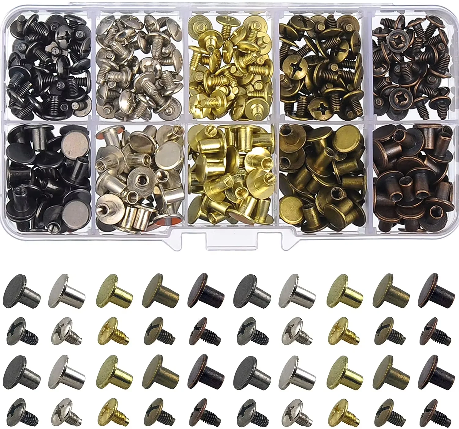 150 Sets runde Flachkopfschrauben, Knöpfe, Metall-Schraubbolzen, Nieten für die Lederhandwerk, 8 mm (im Karton gemischt) Image