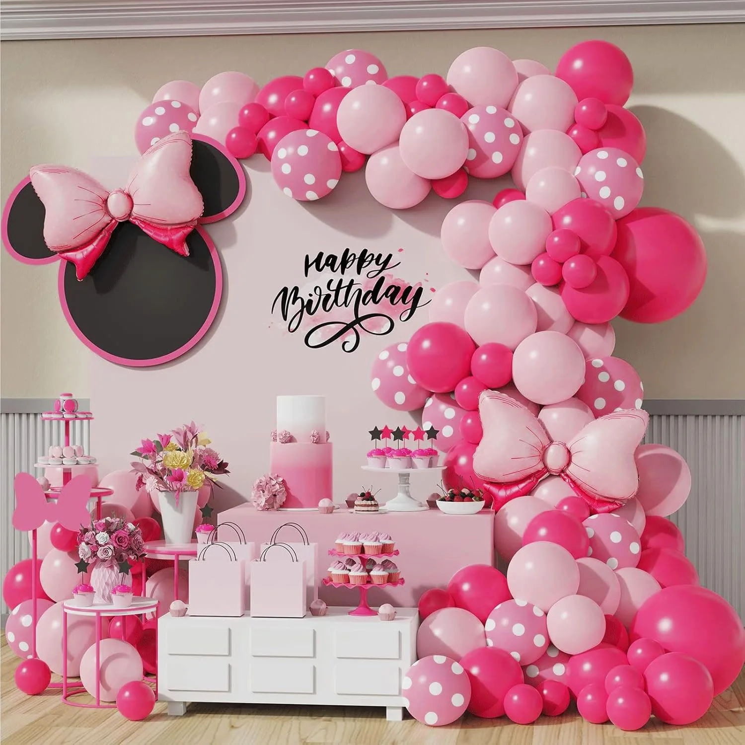 124-teiliges Set mit rosa und weißen Ballon-Girlandenbogen, geeignet für Brautpartys mit rosa Schleife, Geburtstag, Muttertag, Valentinstag Image