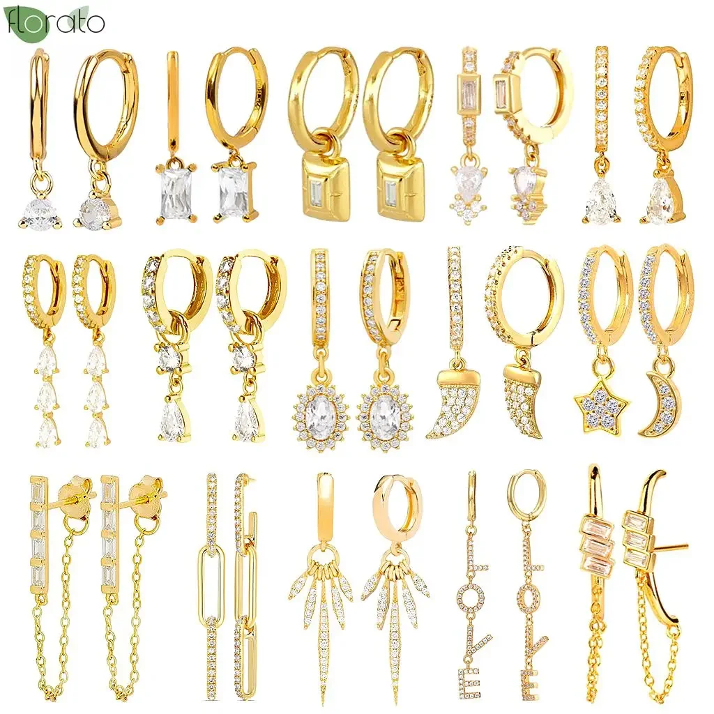 925 Sterling Silber Nadel Elegante weiße Kristalle Kleine Creolen für Frauen Mode 18 Karat Gold Anhänger Ohrringe Luxus Schmuck