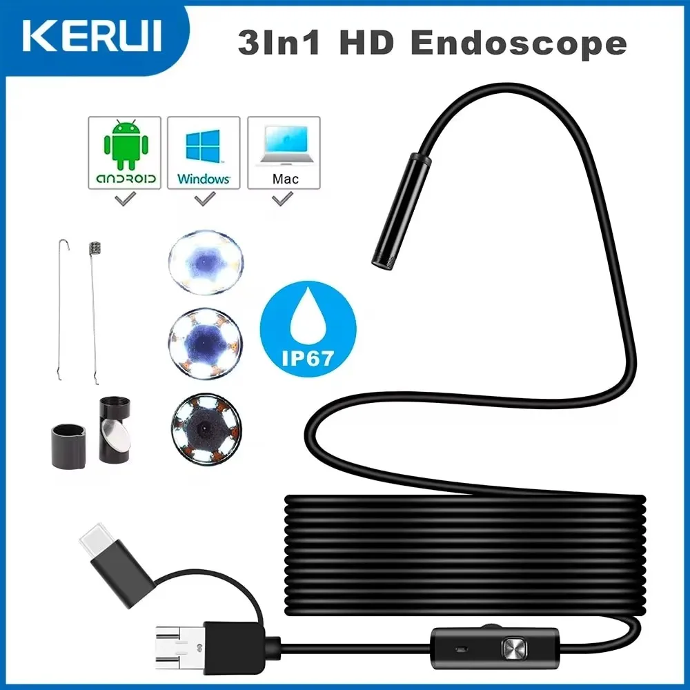 7mm android endoskop kamera 3 in1 micro usb typ c borescope mini kamera wasserdicht led auto inspektion für huawei xiaomi pc Image