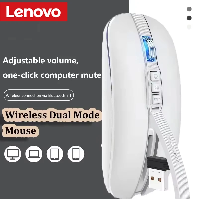 Lenovo Dual-Modus-Maus, Bluetooth, kabellos, Typ-C-Aufladung, geräuschlos, ultradünn, tragbar, für Tablets, Laptops, Heimbüro, Gaming Image