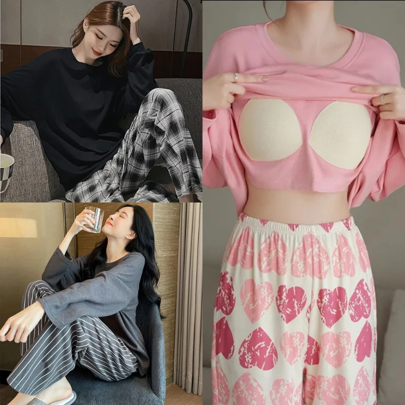 2 Teile/satz frauen Große Größe mit Brust Pads Pyjamas Herbst und Winter Lange Ärmeln Lose Gestreiften Homewear Kann draußen getragen werden Image