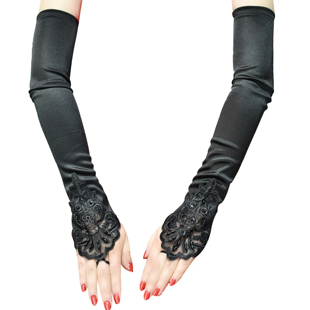 Frauen Vintage Schwarz Haken Finger 48 cm Lange Handschuhe Sexy Fingerlose Spitze Pailletten Satin Party Handschuhe Hochzeit Kostüm Zubehör
