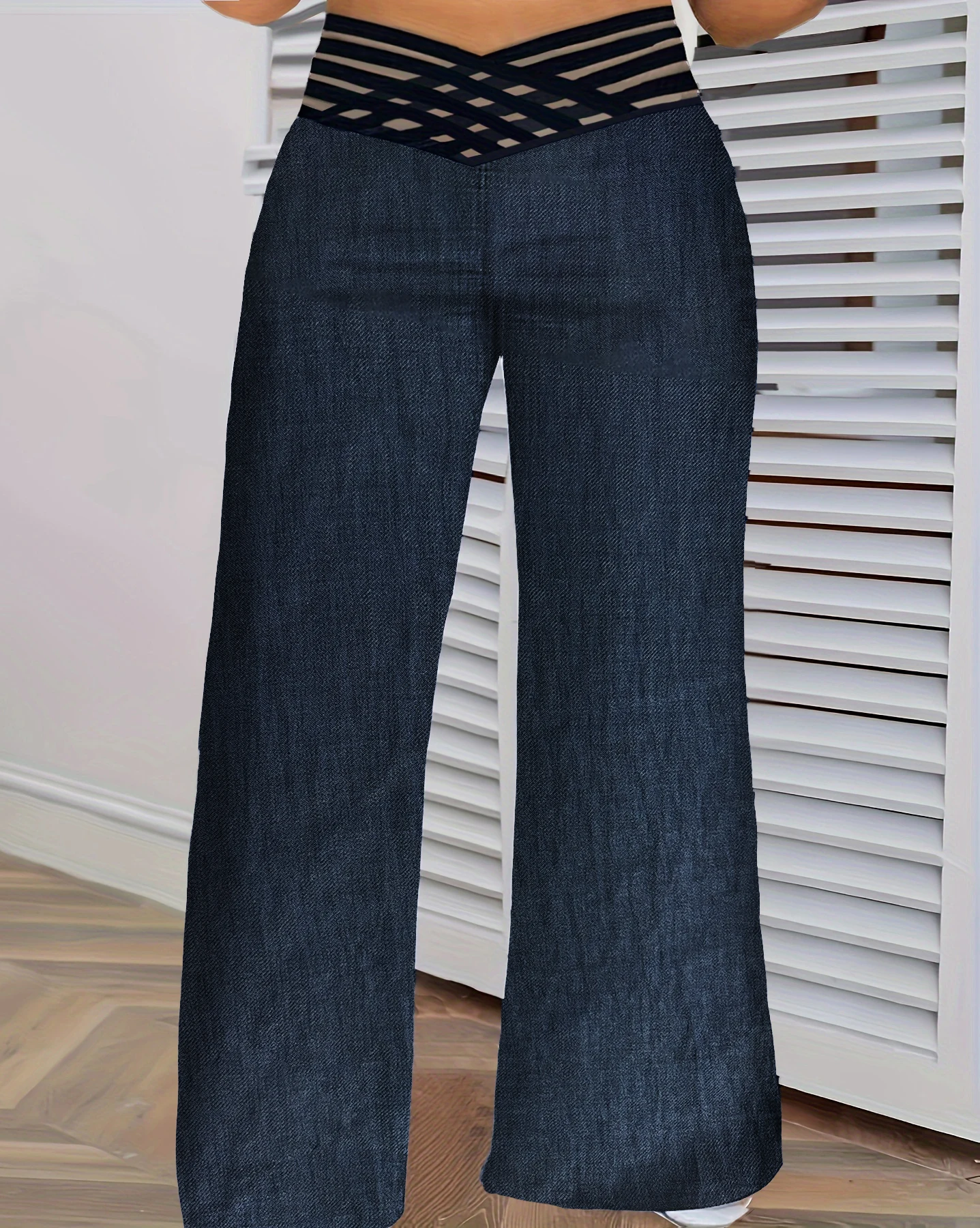 Übergrößen-Damenjeans mit Hoher Taille, Überkreuztem Netzdesign und Weitem Bein, Lässige Frühlings- und Sommer-Stretchhose Image