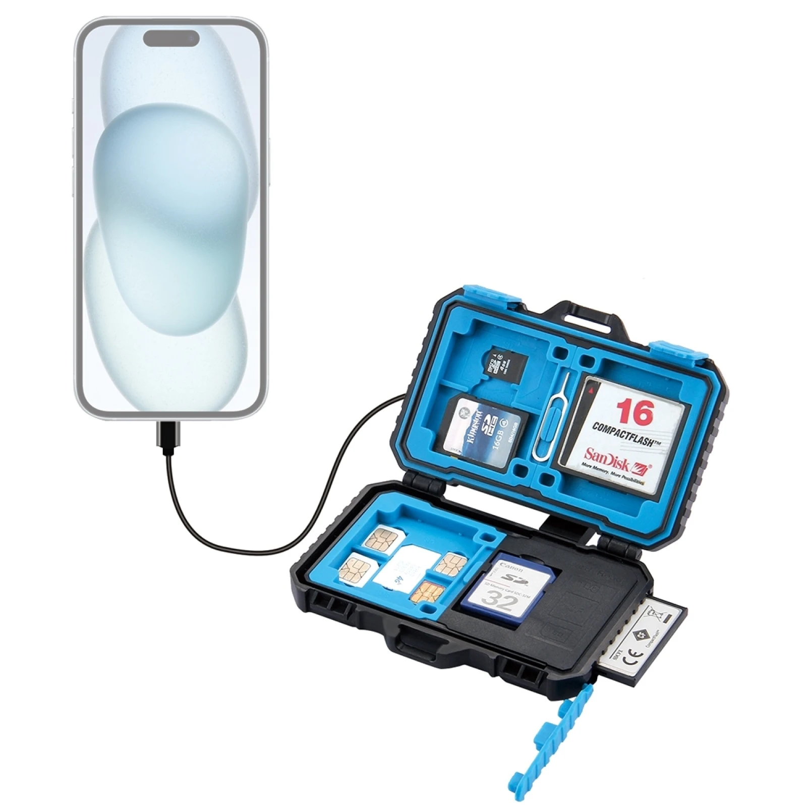 PULUZ Kartenleser + 22-in-1-Speicherkartenetui für 1 Standard-SIM + 2Micro-SIM + 2Nano-SIM + 3CF + 7SD + 6TF + 1 KARTE PIN Image