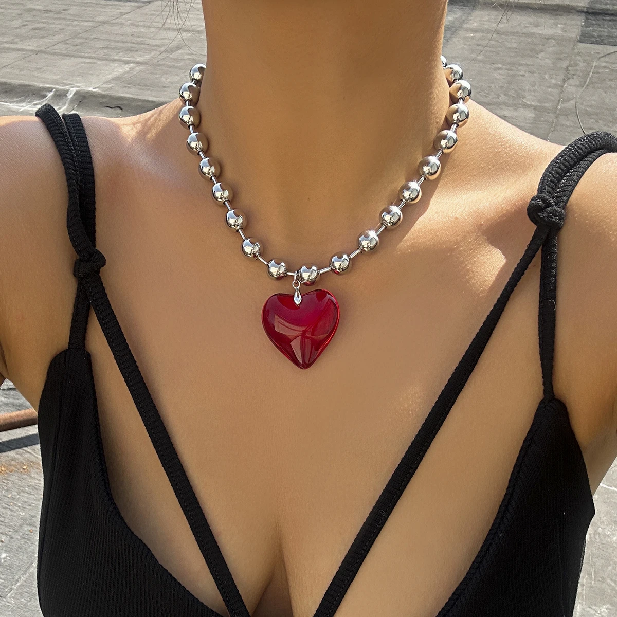 6 Farben Hip Hop Bunte Liebe Herz Anhänger Halskette Frauen Punk Silber Farbe Perlen Kette Grunge Schmuck Zubehör Steampunk