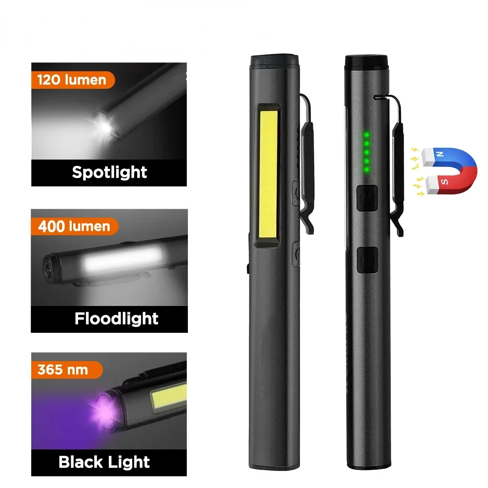 Multifunktionale 4-in-1-LED-Taschenlampe, Mini-USB, wiederaufladbar, 800 mAh, Stiftclip-Taschenlampe, 365 nm, UV-Licht, COB, Camping, Arbeit, Reparatur Image