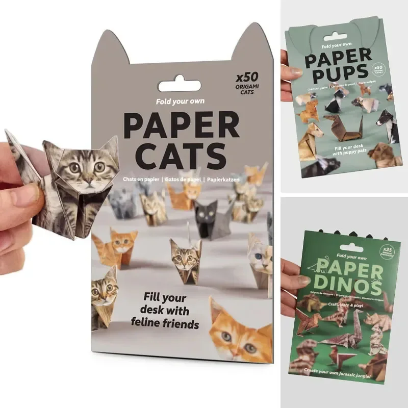 Kreatives DIY-Papier für Katzen, 50 Blatt, DIY-Origami-Papier, handgefertigtes DIY-Papier, Katze, Hund, Dinosaurier, lustiges Kunsthandwerk, faltbares Tier-Faltset Image