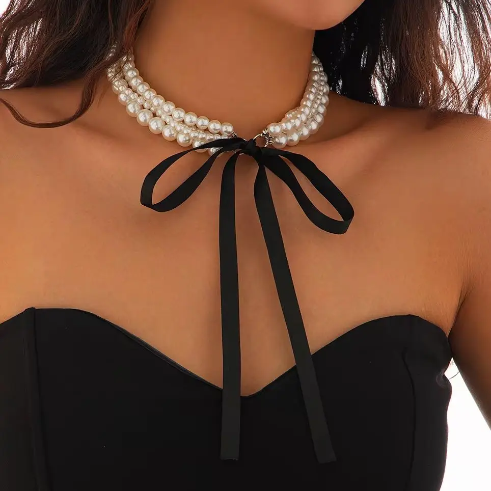 Ingemark Elegante Multilayer Imitation Perle Kette Halskette Frauen Lange Schwarz Samt Band Bogen Halsband Mi Braut Bankett Schmuck Image