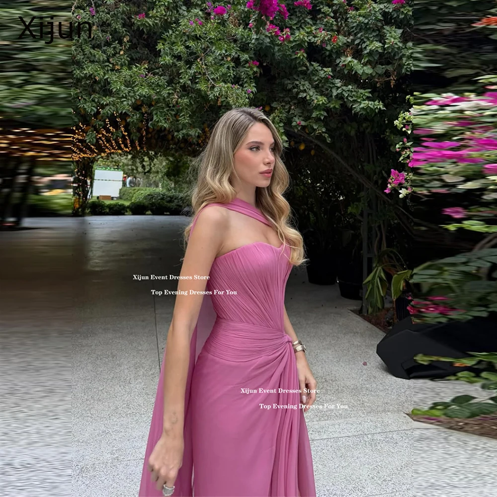 Xijun Elegante rosa Chiffon-Abendkleider, herzförmig, plissiert, A-Linie, formelle Ballkleider, geteilt, saudi-arabisches Abendkleid, individuell gestaltet Image