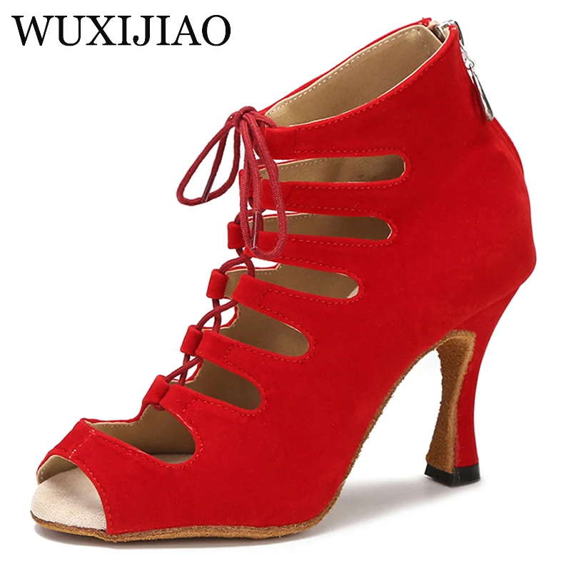 Schwarz Latin Dance Schuhe Frauen Tango Salsa Rumba Ballsaal Satin Tanz Stiefel Frauen Rot Sexy Pole Dance Schuhe Damen High Heels