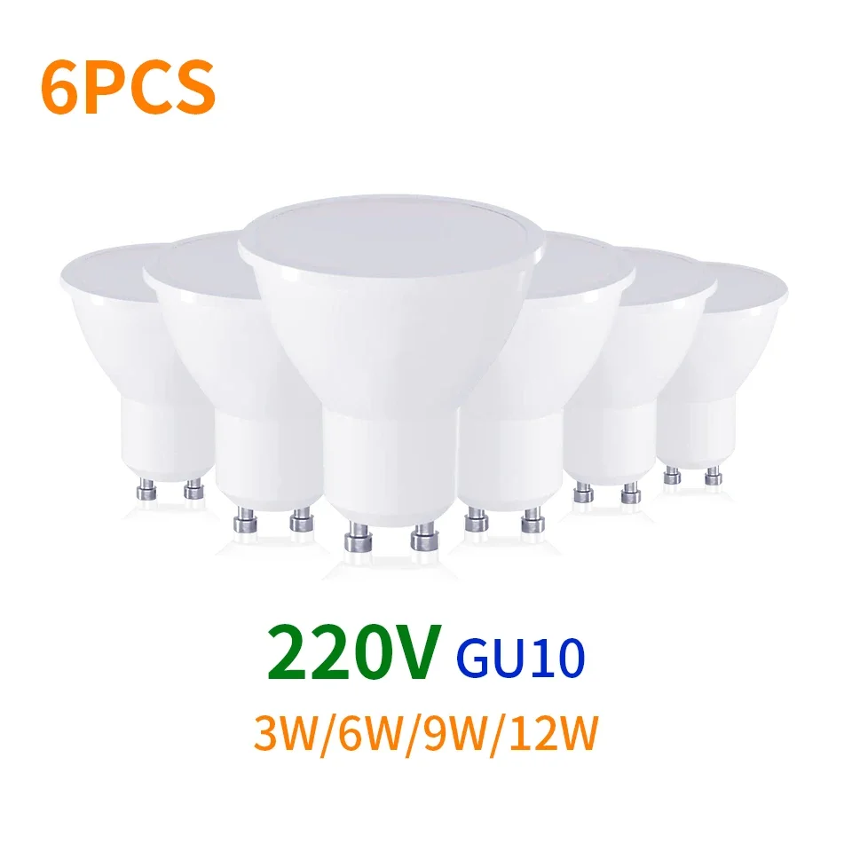 LED-Lampe, 6 Stück, AC220 V, GU10, Energie sparen, 3 W, 6 W, 9 W, 12 W, kaltweiß, warmweiß, natürliches Weiß, dreifarbige Dimmung für Heim-PC-Material Image
