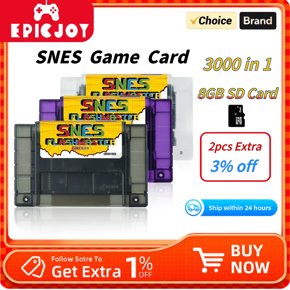 EPICJOY Super SNES Spielkarte 3000 in 1 SNES-Karte Mit 8GB TF-Karte Für N SNES Konsole Kompatibel Mit Original US-Konsole Image