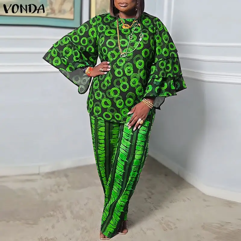 Plus Größe 5XL VONDA Frauen Hosen Sets Bohemian Print 2 Stück Outfits Mode Lange Flare Hülse Tops und Breite Bein Hosen lässig 2 stücke Image