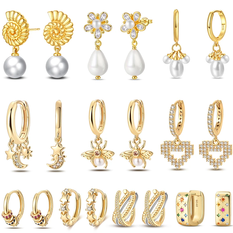 Damen-Ohrringe aus 925er-Sterlingsilber, klassisches Gold mit Perleneinlage, elegant, geeignet für Verlobung, Hochzeit, Party, exquisiter Schmuck Image