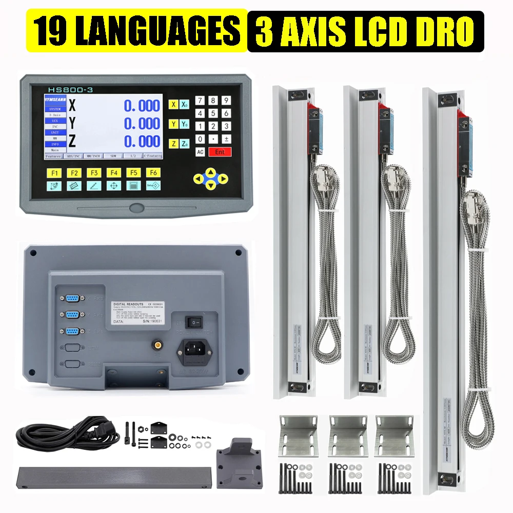 NEU HS800-3 19 Sprachen 3-Achsen-LCD-DRO-Kit Digitalanzeige 5 um TTL Optischer Encoder Linearskala Lineal für Drehmaschine Fräsen Image