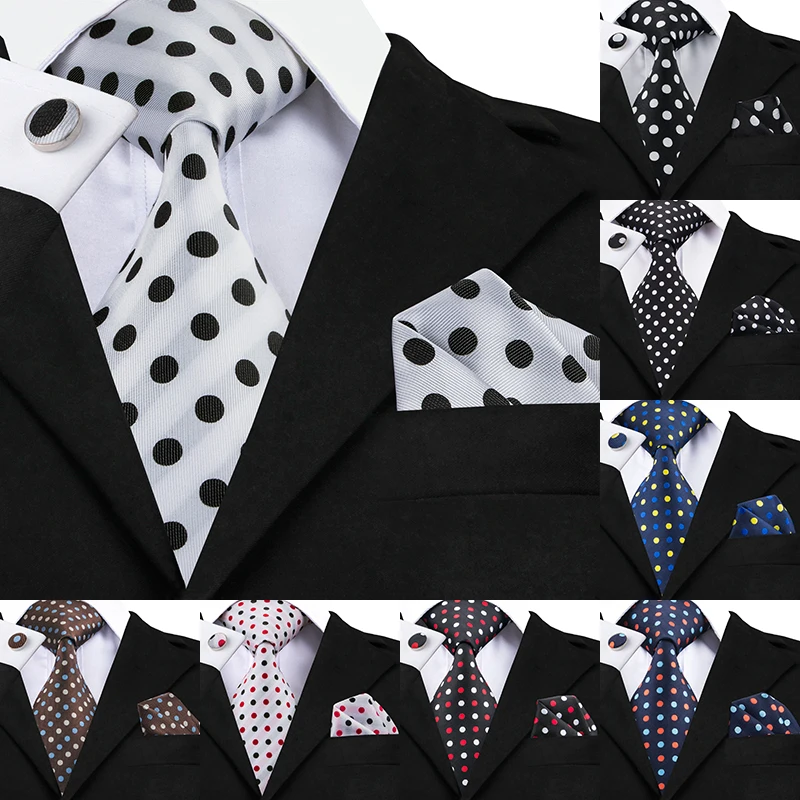 Hi-Tie Designer-Krawatten mit Punkten, 100 % Seide, für Herren, 8,5 cm breit, Business-Hochzeitskrawatten, Taschentücher, Manschettenknöpfe-Set Image