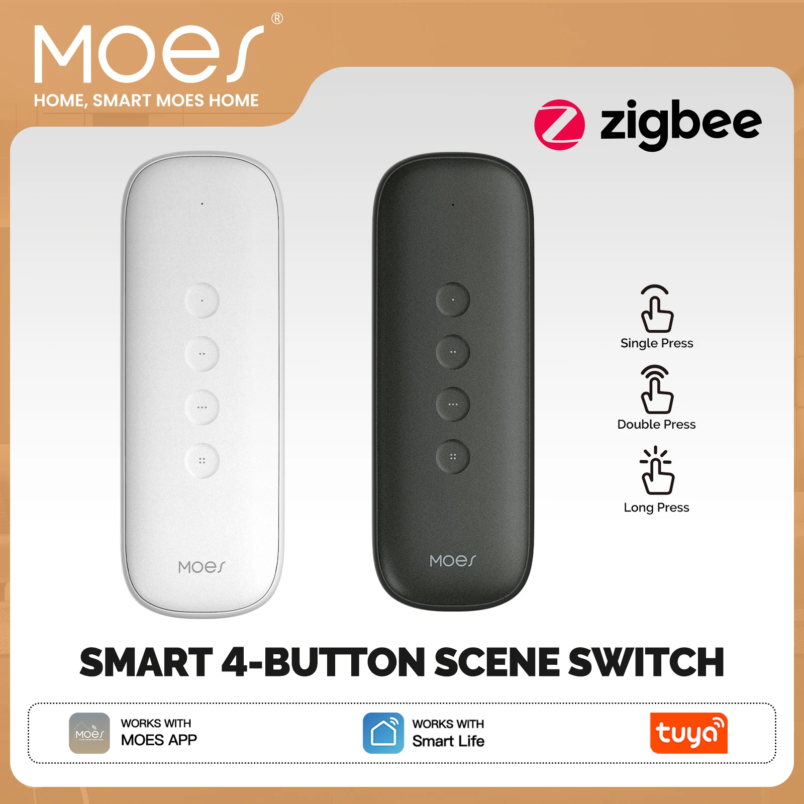 MOES Tuya ZigBee Smart Scene Switch 4 Tasten, tragbar, kabellos, leichtes Design, 12 Szenario-Fernbedienung, batteriebetrieben Image