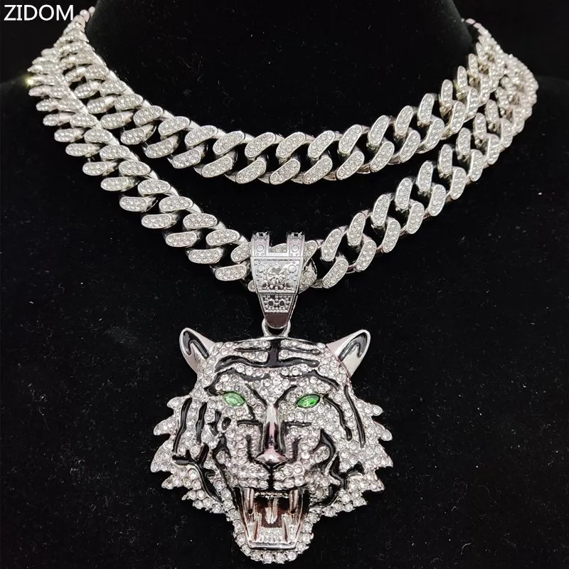 Hip Hop 3D Tiger Anhänger Halskette mit 13mm Kristall Kubanische Kette HipHop Iced Out Bling Halsketten Männer Frauen Mode charme Schmuck