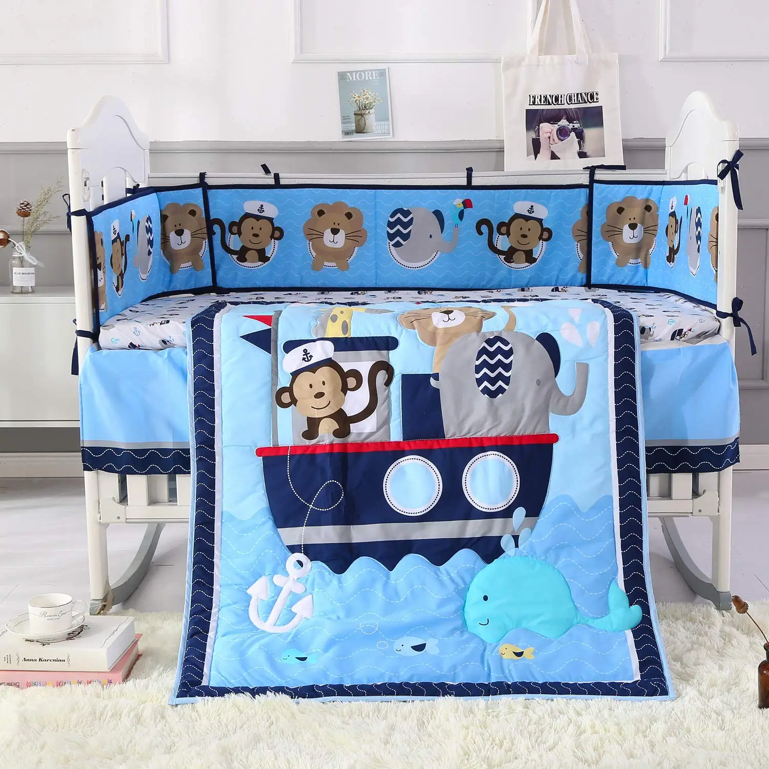 Kinder bett Sets für Jungen Mädchen Babybett Bettwäsche Set Kleinkind Bett Set Kinderzimmer Set 7 Stück (4 Stoßstangen Kinder bett Bettdecke Bettlaken Kinder bett Rock)
