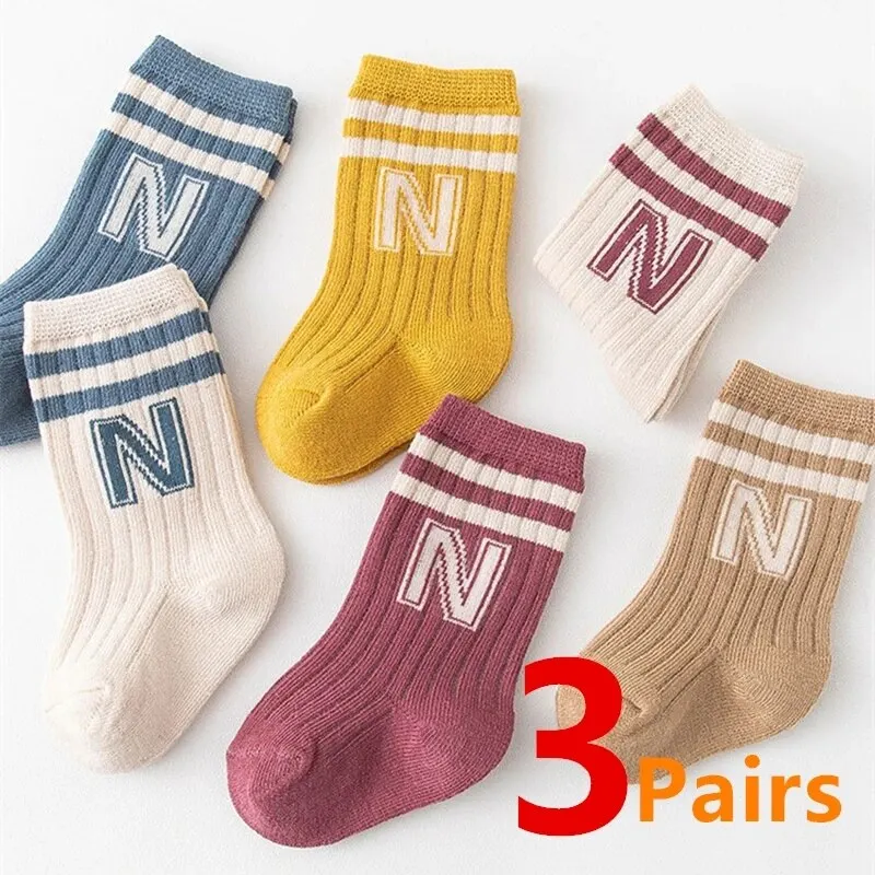 3 Paare/los Baby Brief Socken Stricken Weiche Baumwolle Socke Kinder Lange Knie Hohe Socken Infant Kleinkind Baby Jungen Mädchen Nette Streifen socken Image