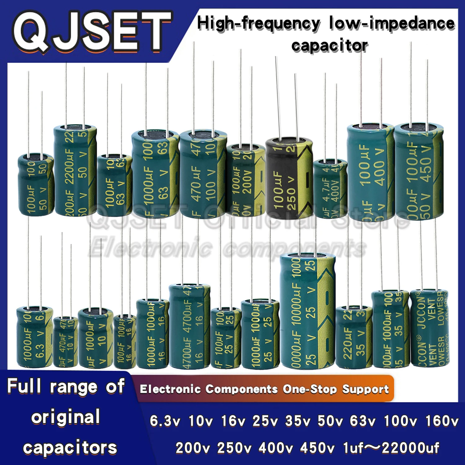 JCCON 6,3 V 10 V 16 V 25 V 35 V 450 V 100 V 400 V 100 UF 220 330 470 680 1000 1500 2200 3300 UF Hochfrequenz-LOWESR-Aluminiumkondensatoren Image