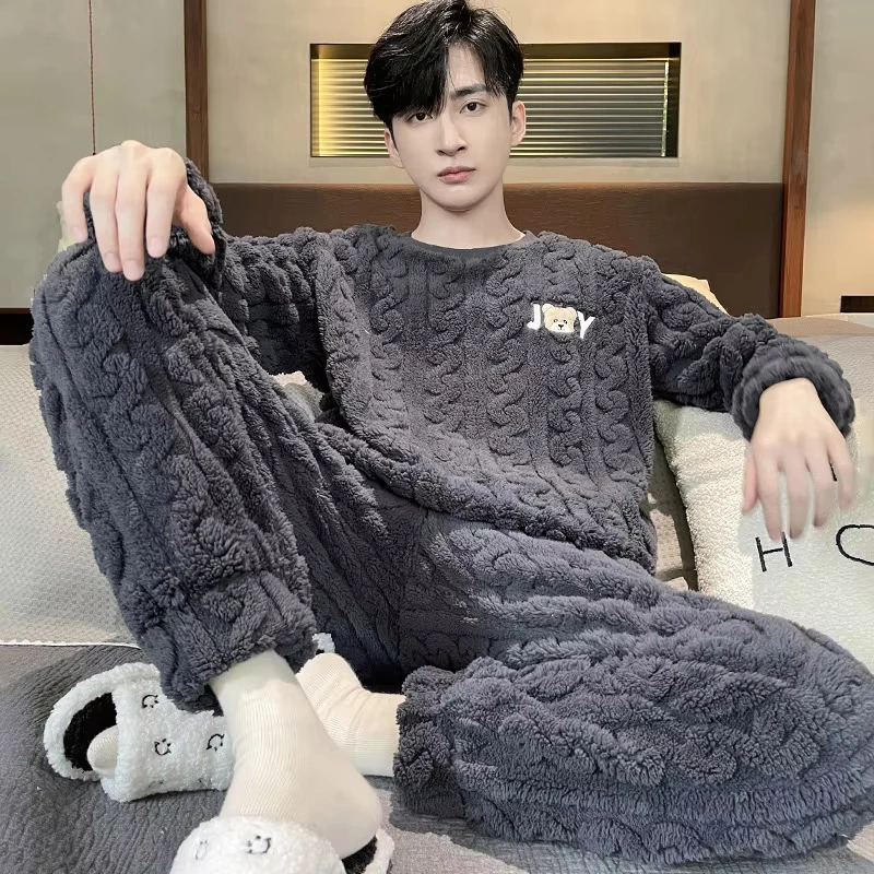 Hochwertiger, verdickter, warmer Herren-Pyjama in Übergröße, Herbst- und Winter-Nachtwäsche für Studenten, Loungewear, gestreifte Nachtwäsche, Homewear Image