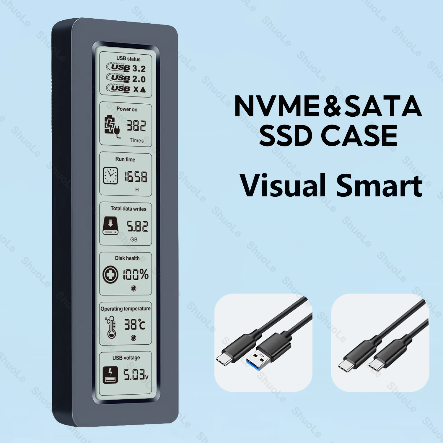 M.2 NVMe SATA SSD-Gehäuse Visuelles Smart SSD-Gehäuse USB 3.2 Gen 2 10 Gbit/s NVMe PCI-E 20 Gbit/s Image