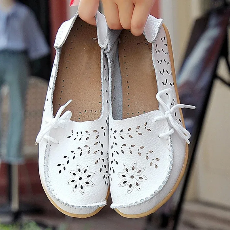 Echtes Leder Frauen Wohnungen Mode Lässig Frauen Schuhe Hohl frauen Schuhe Slip Auf Flache Schuhe Ballerina Plus Größe Zapatos Mujer