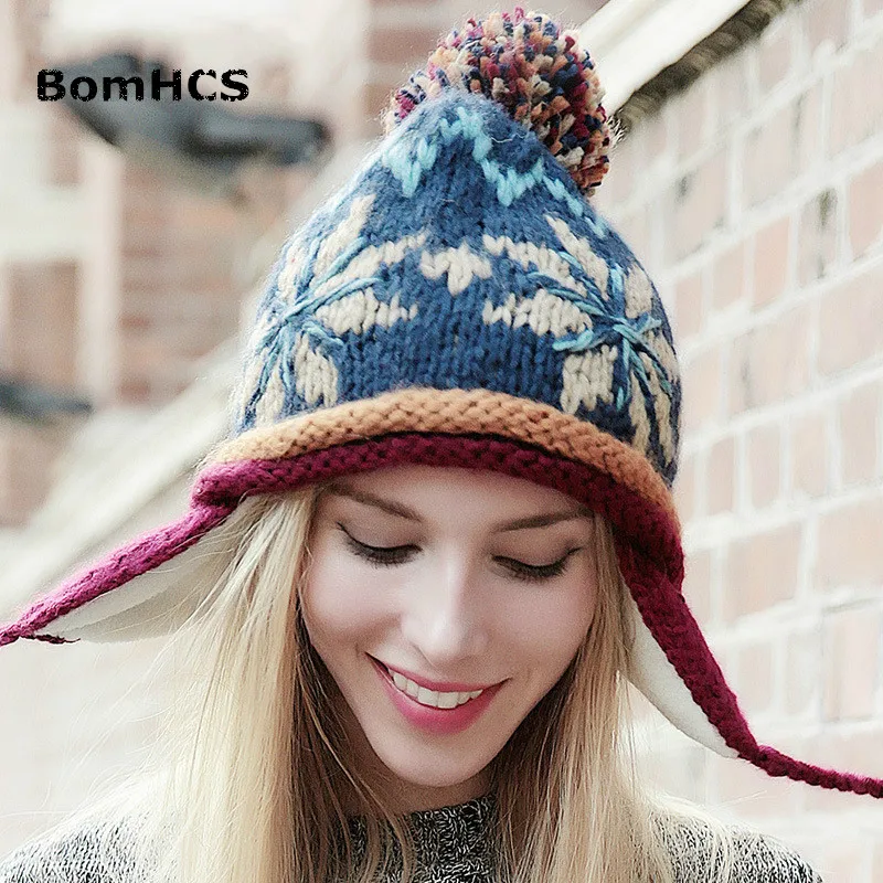 BomHCS 100% Handmade Ethnischen Stil Häkeln Mosaik Parkett Beanie Gestrickte Hut frauen Winter Warm Cap Image