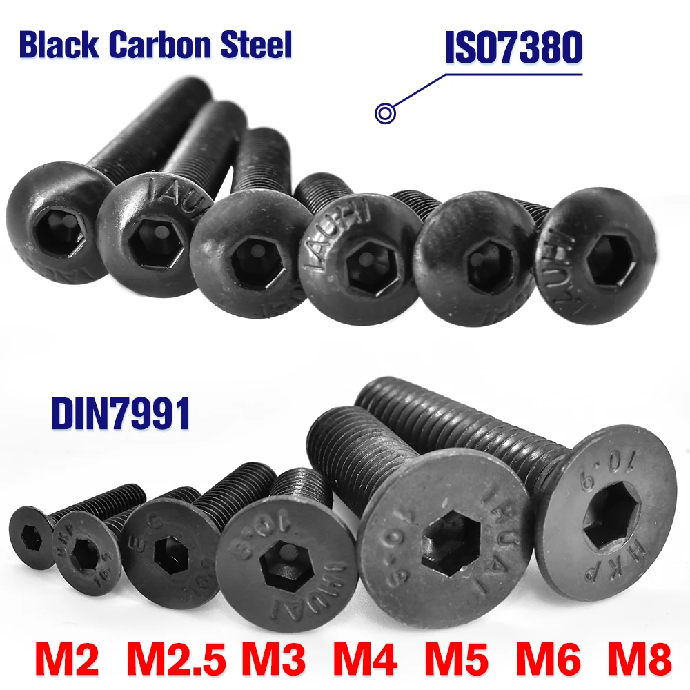 10–200 Stück G10,9 schwarzer Kohlenstoffstahl DIN7991 Innensechskant versenkt ISO7380 runde Innensechskantschraube M2 M2,5 M3 M4 M5 M6M8 Image