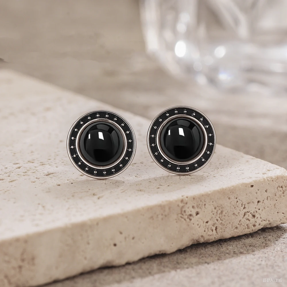 Vintage 925 Silber-Ohrringe mit Natürlichem Schwarzen Onyx-Stein Runde Form Retro Silber-Ohrringe Leichte Ohrringe für Frauen