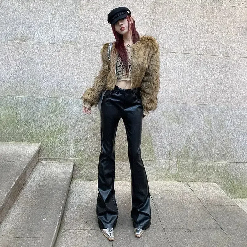 Hohe Taille Frau Hose sexy schwarz pu Leder Flare Hose für Frauen Vintage Harajuku elastische One Size Kleidung elegante Verkauf g