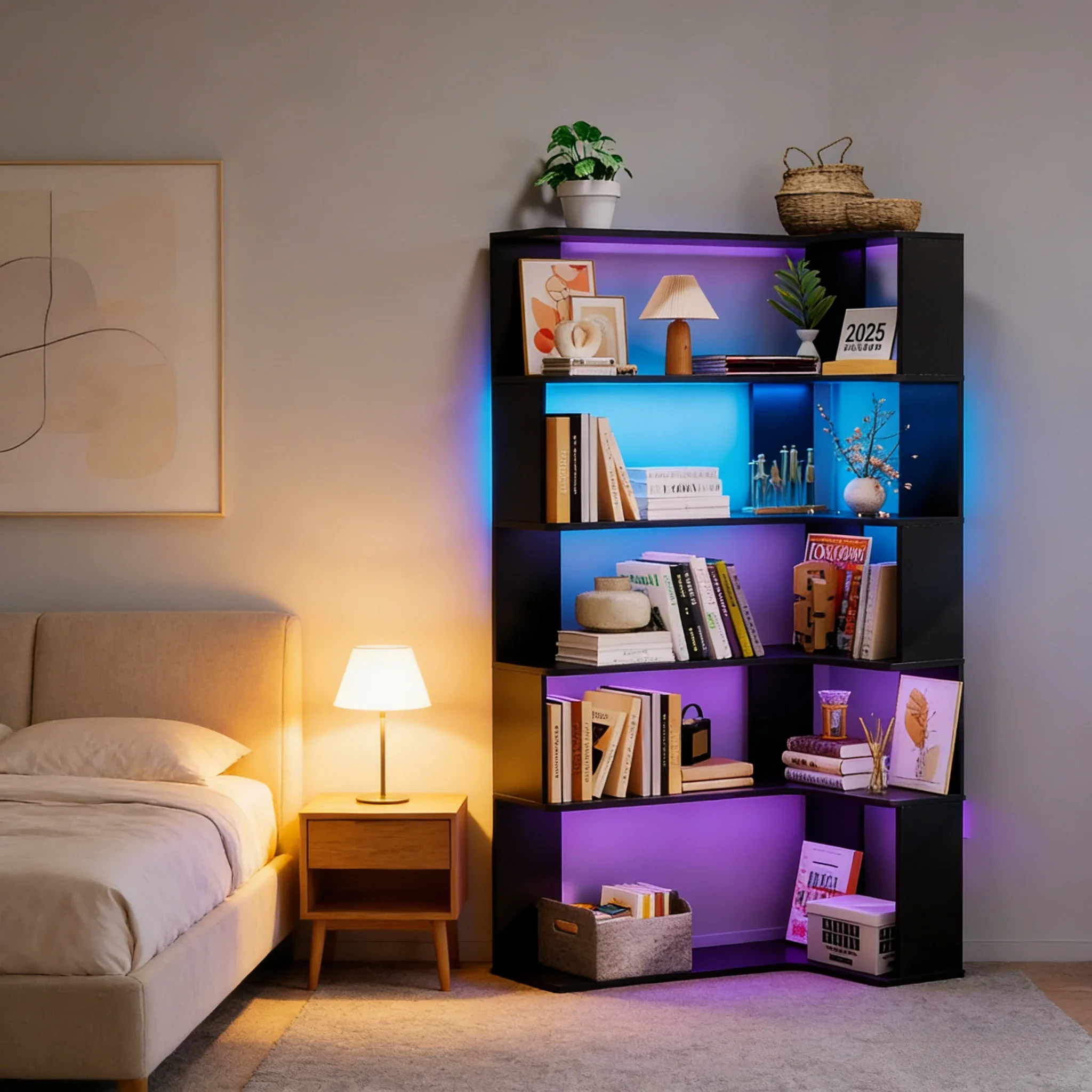 Studierbücherregale 5-stöckiges Massivholz-Eckregal mit Lichtleiste Multifunktionales Offenes Regal Aufbewahrungsregal Wohnzimmer Zuhause Image