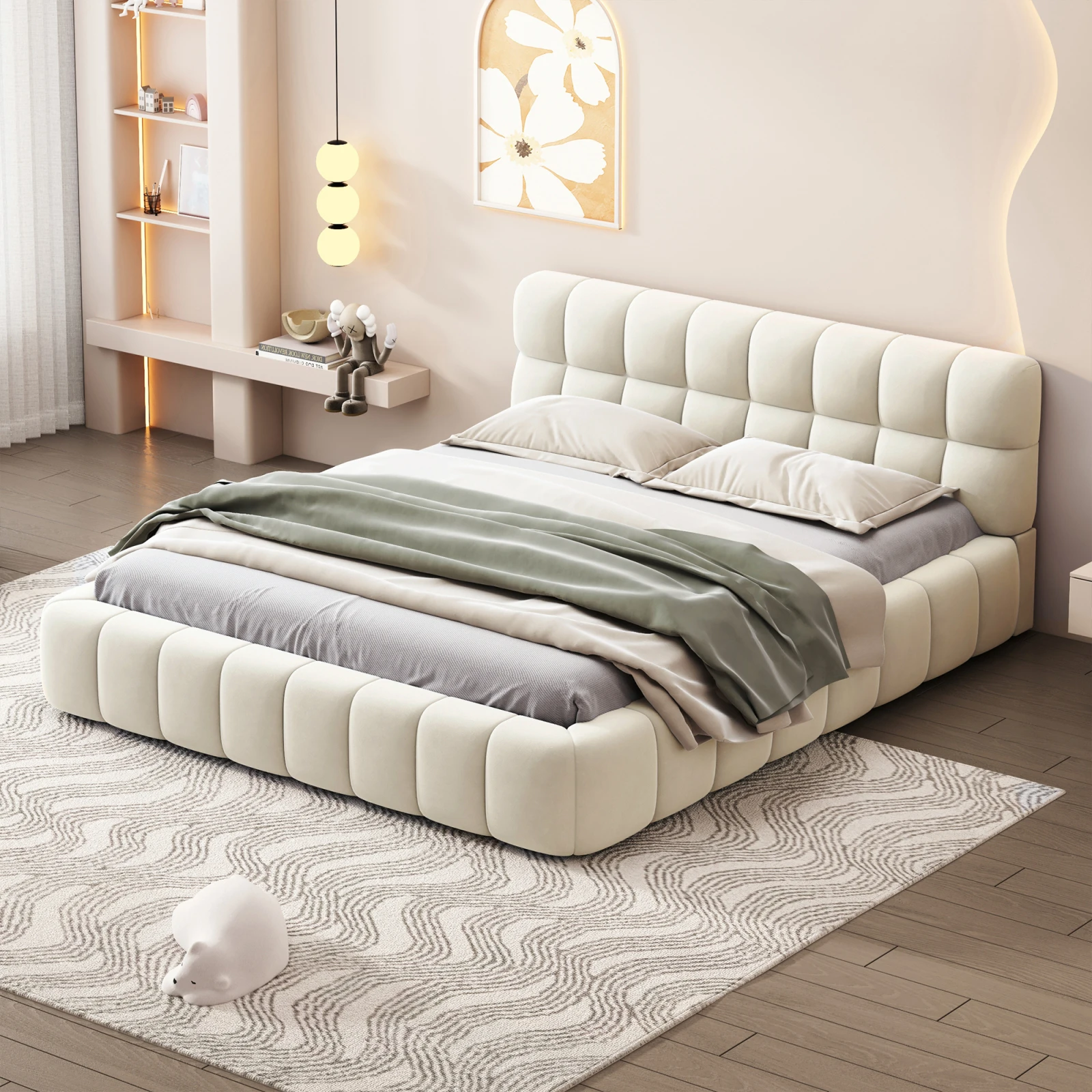 Gepolstertes Doppelbett 140x190 cm, Kissenbett mit Weicher Rückenlehne, Gepolsterter Bettrahmen mit Lattenrost, Gestepptes 2 Personen Bett, Bett für Erwachsene, Integrierte Matratze (Matratze nicht enthalten), Leinen