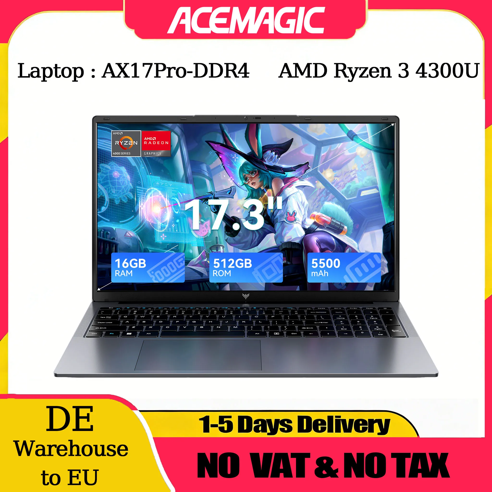 ACEMAGIC AX17Pro Laptop-Computer AMD Ryzen 3 4300U Windows-Laptop 17,3-Zoll IPS 16 GB DDR4 512 GB NVMe SSD Numerische Tastatur Image
