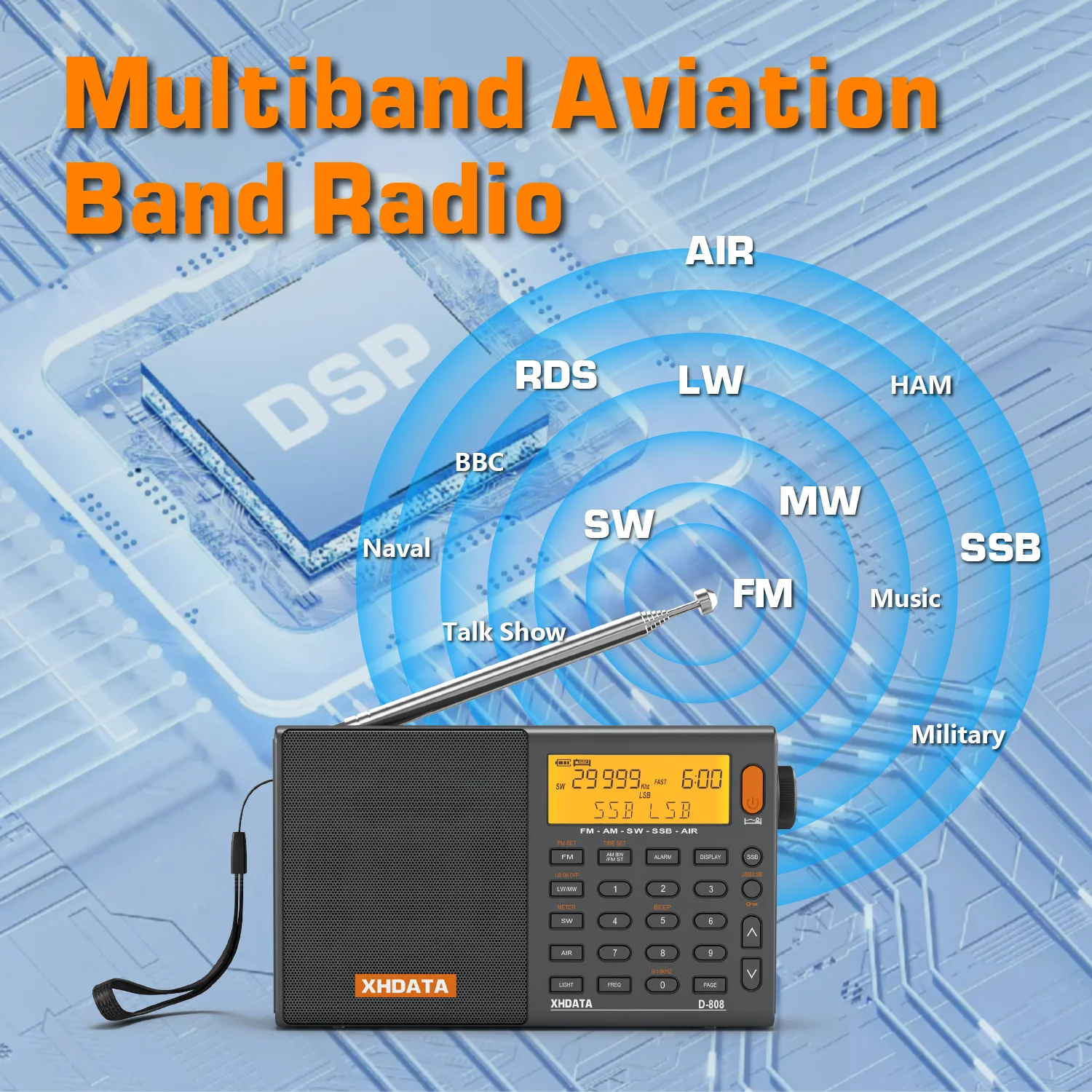 SIHUADON/XHDATA D-808 Funkempfänger AM FM SW MW AIR SSB RDS Tragbares Digitalradio mit ATS Hi-Fi-Stereo-Akku Image
