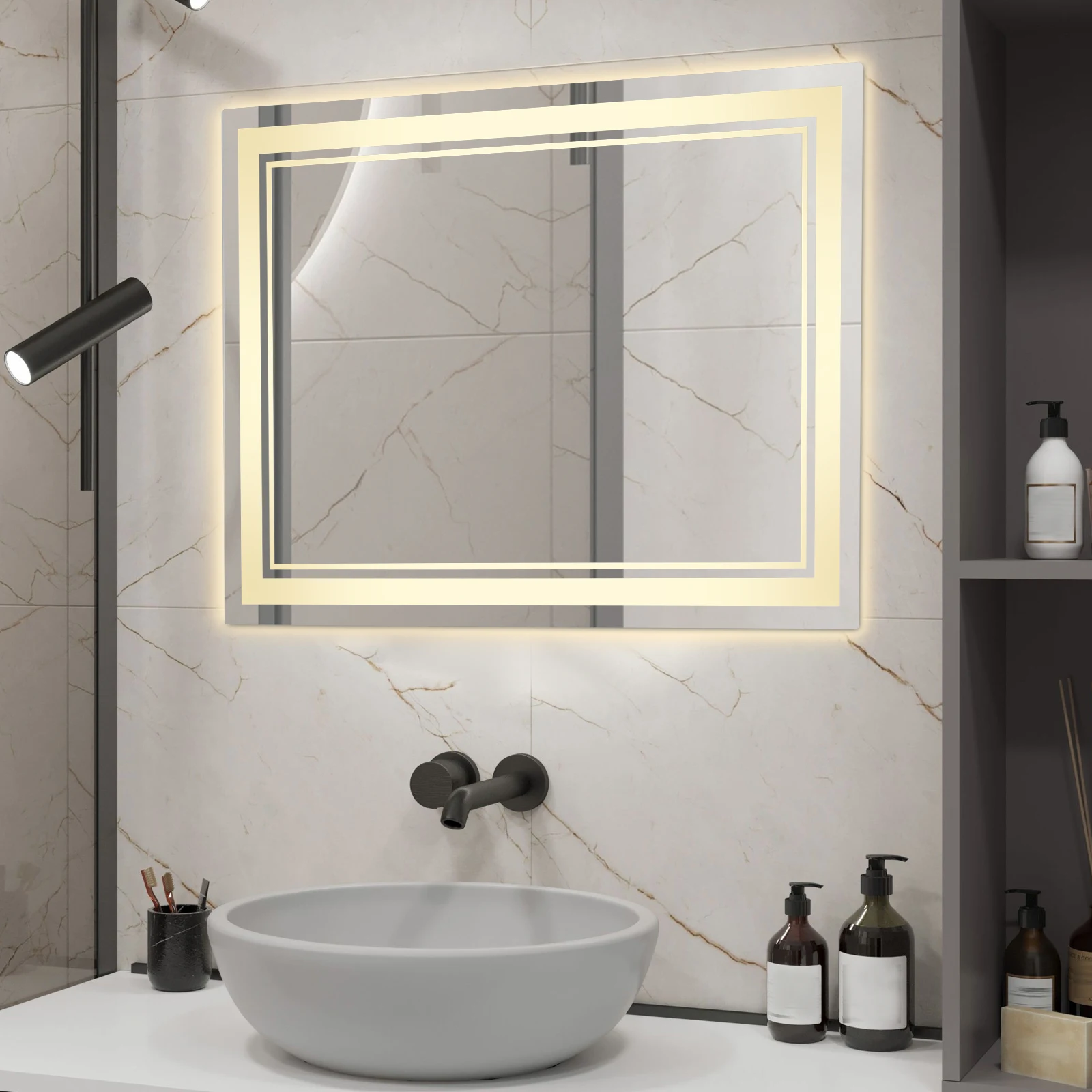 LED-Badezimmerspiegel, Doppelring-Beleuchtung mit Flexibler Lichtanpassung, für Badezimmer, Waschraum, Toilette, Hotel, Apartment, Schönheitssalon Image