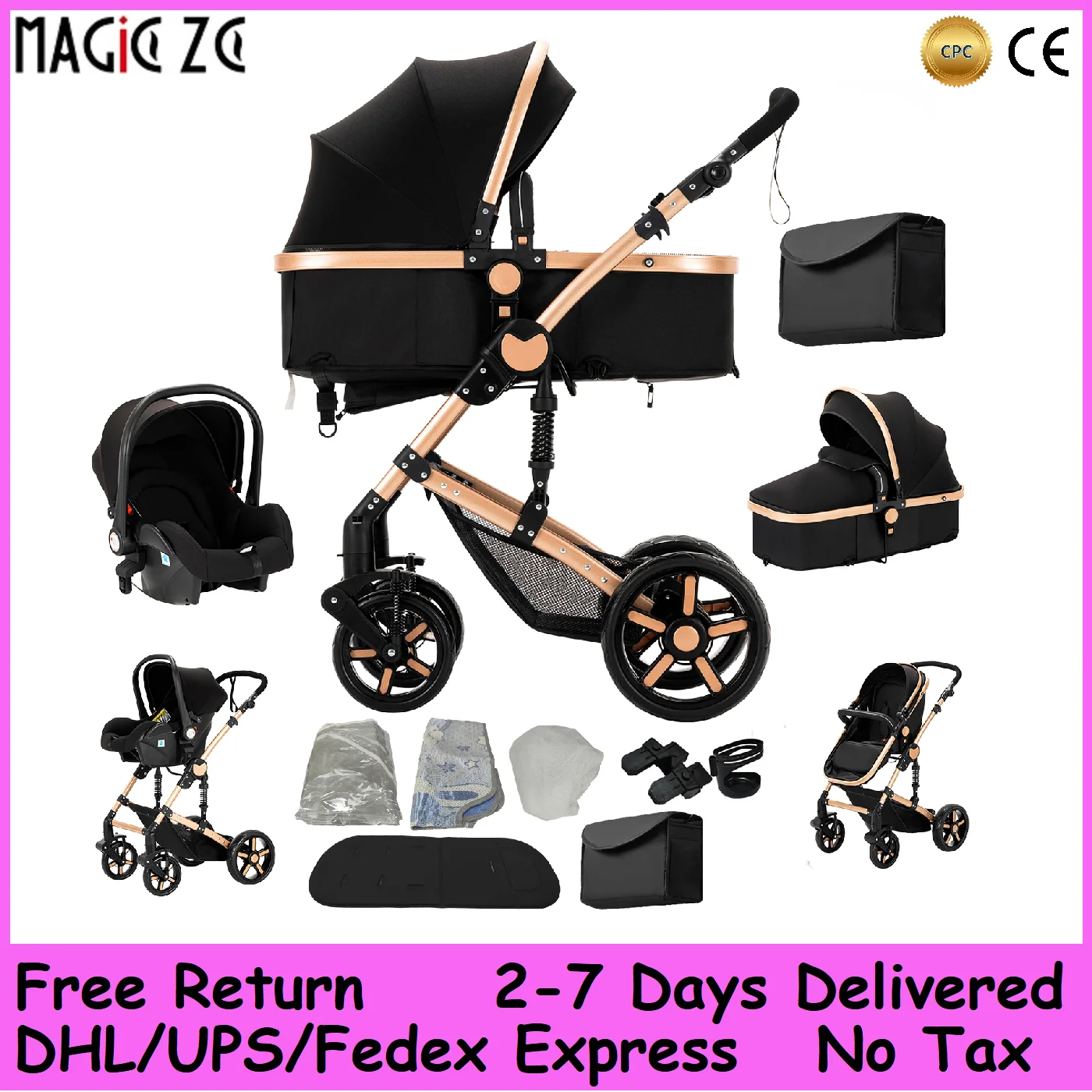 Allterrain-Kinderwagen, Ein-Klick-Faltung & Transport, 360° ° Drehbare Räder, umkehrbarer Sitz, inklusive Moskitonetz und Sonnendach Image