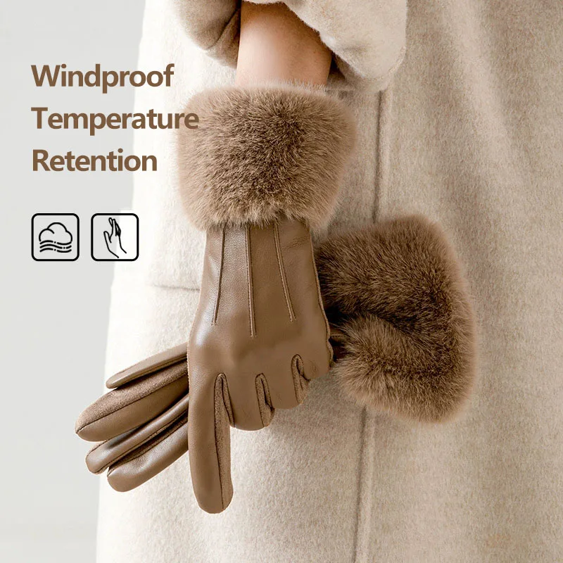Winter Luxus frauen PU Leder Handschuhe Handgelenk Weiche Faux Pelz Trim Manschette Mode Elegante Party Warm Touch Screen Stick radfahren Image