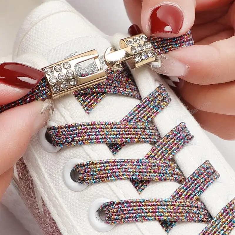 Regenbogen-elastische Schnürsenkel für Turnschuhe, Diamant-Kreuzschlösser, Schnürsenkel ohne Krawatten, für Kinder und Erwachsene, ohne Krawatte, Schnürsenkel, 8 mm Breite, flache Schnürsenkel Image