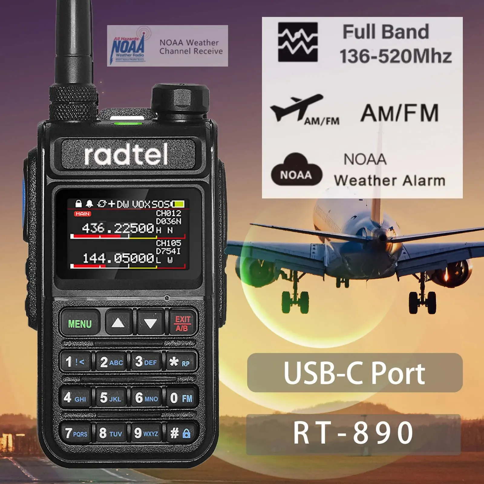 Radtel RT-890 Vollband-Amateurfunk 2-Wege-Radio 999CH Walkie Talkie AM Air Aviation Band Farbscanner Marine NOAA Scan Image