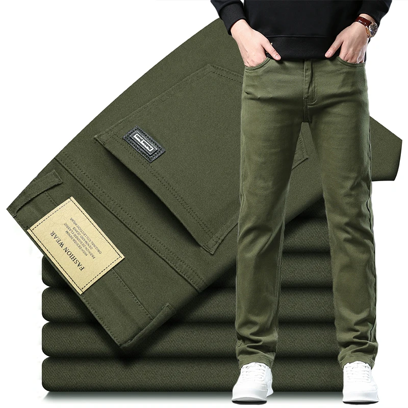 Gerade Bein männer Frühling Jeans Armee Grün Elastische Baumwolle Koreanische Business Casual Denim Hosen Komfort Große Größe Männliche Hosen