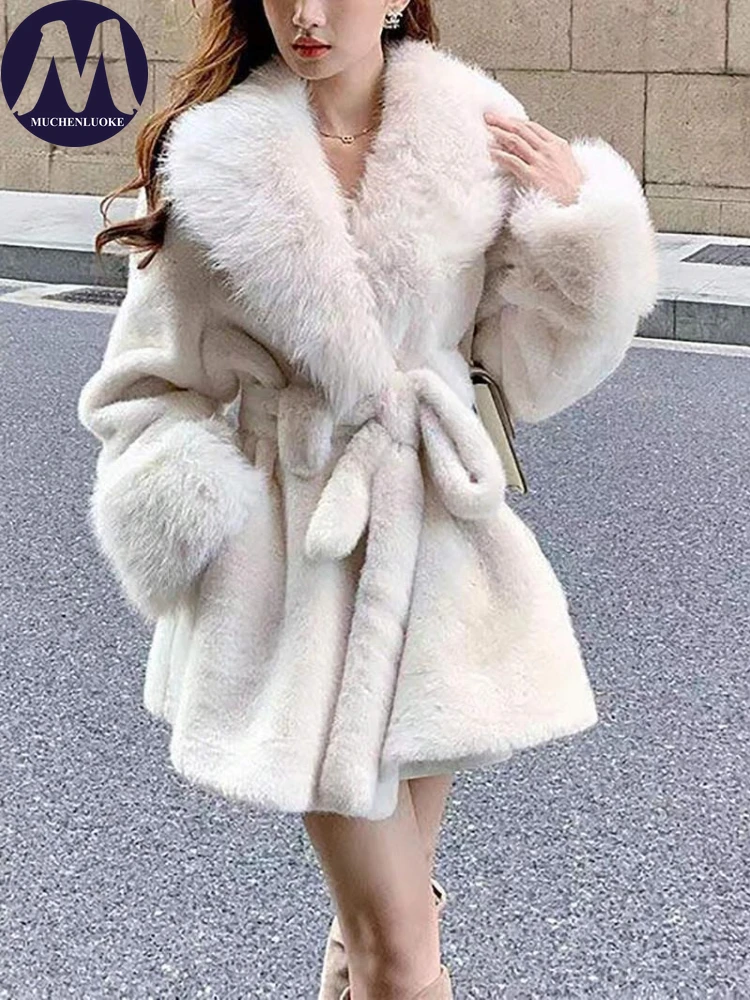 Frauen Winter Faux Pelz Jacke Elegante Große Kragen Spitze-Up Dicke Koreanische Mode Casual Lose Warme Mantel