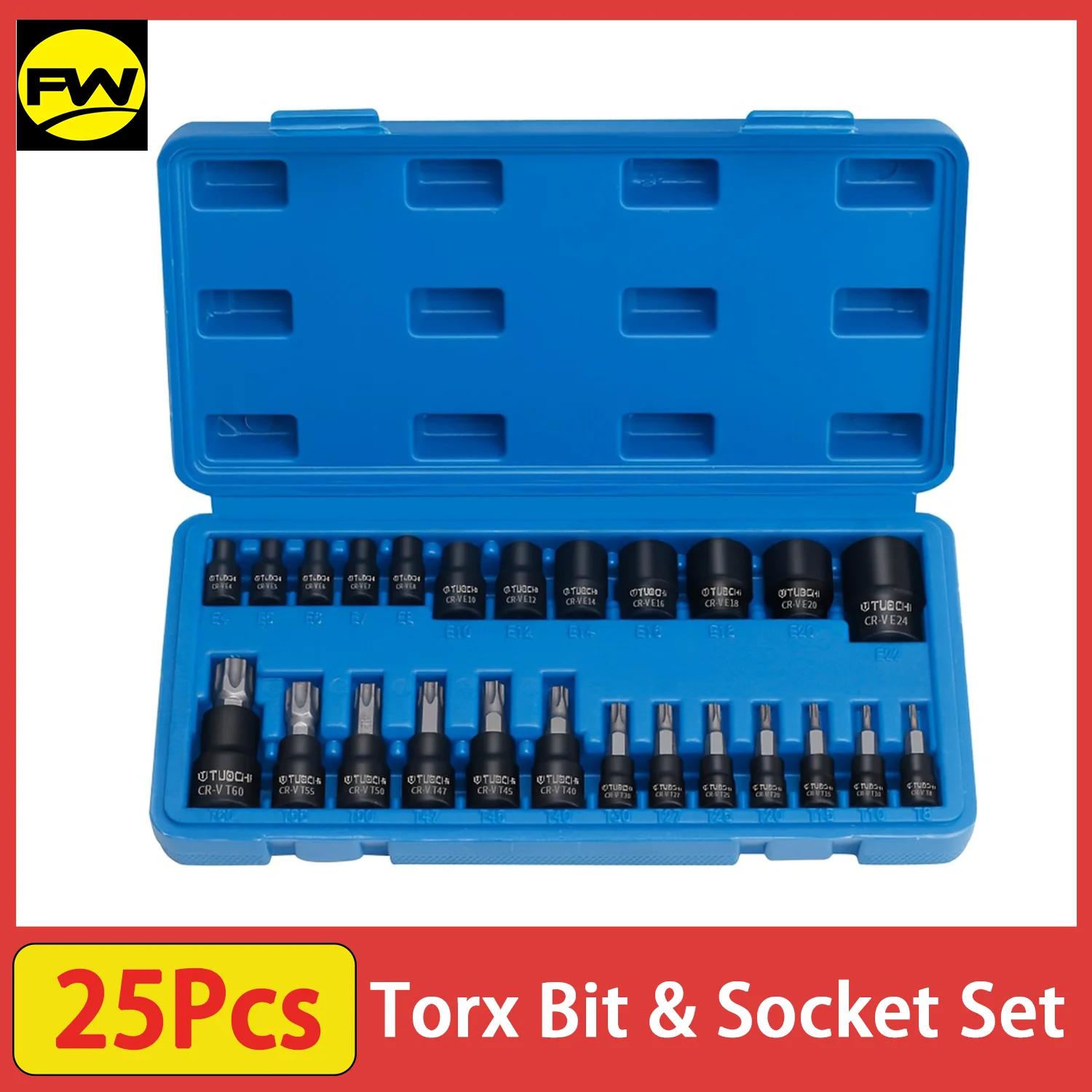 25-teiliges Torx-Bit- und Steckschlüsselset, 13-Stern-Bits (T8-T60) und 12 E-Torx-Steckschlüsseleinsätze (E4-E22), professionelles Auto- und Motorrad-Mechaniker-Set
