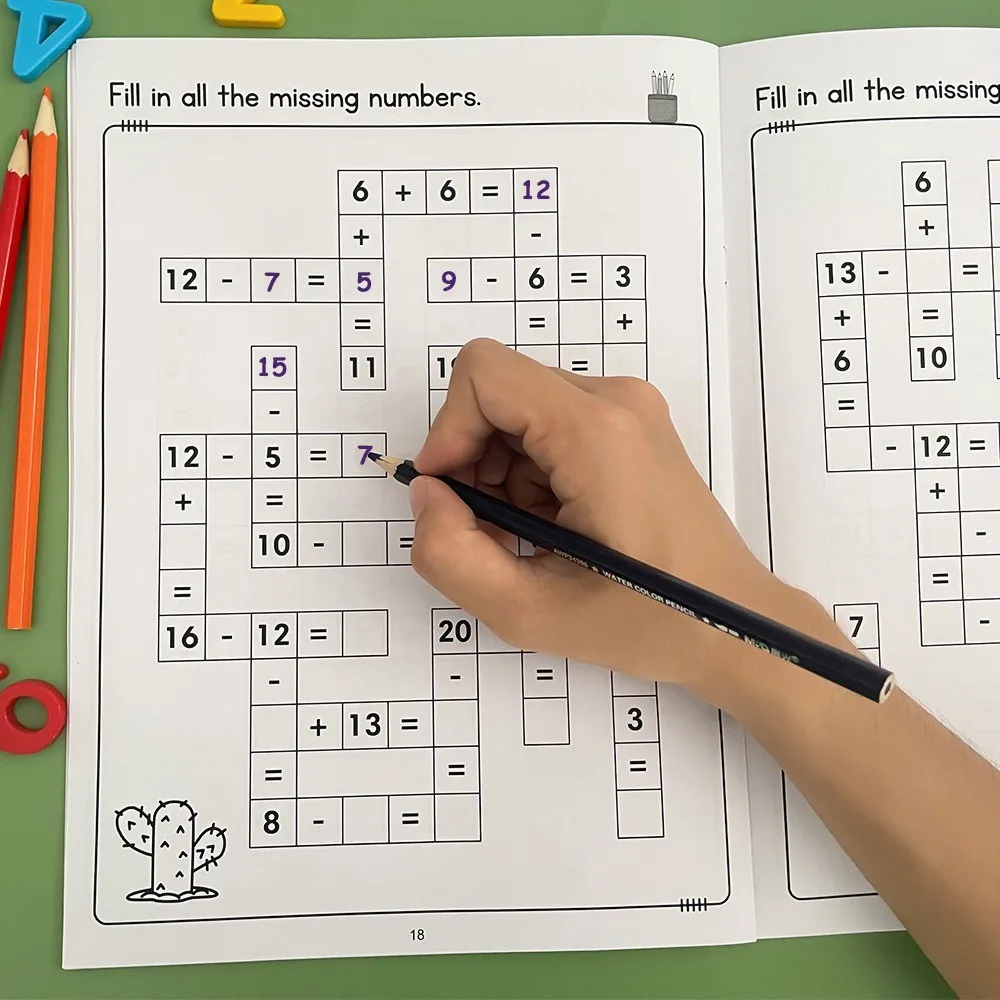 1 Set Mathe-Arbeitsbuch für Kinder im Alter von 5 bis 8 Jahren. Mathematik-Kreuzworträtsel. Additions- und Subtraktions-Arbeitsbuch Image