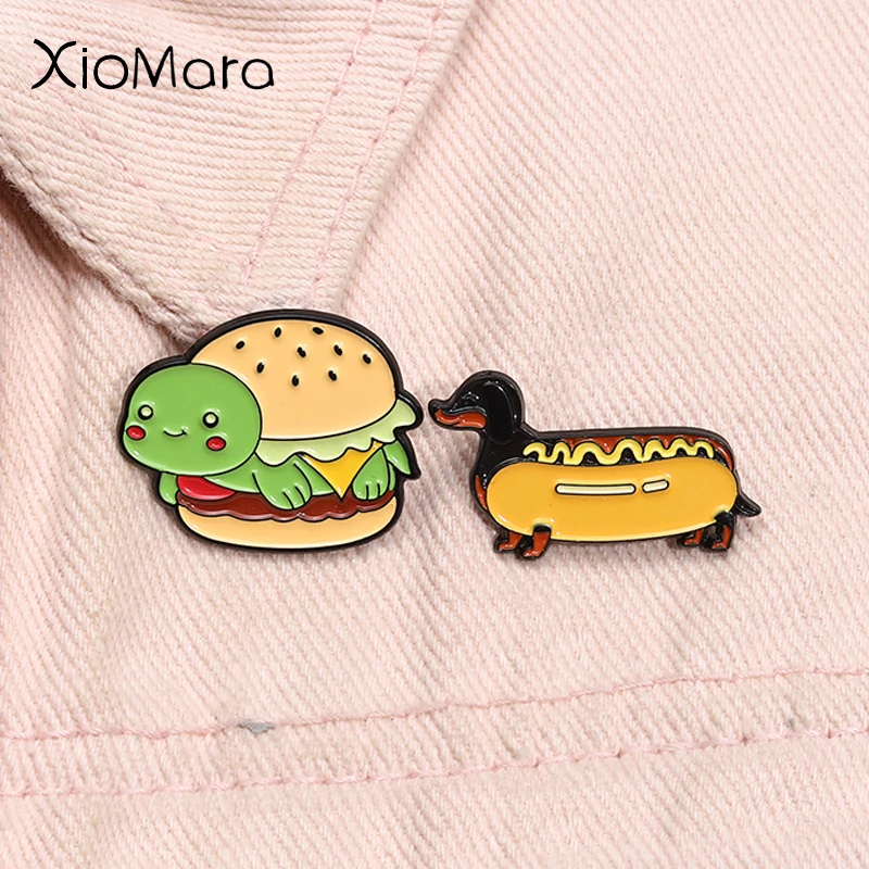 Süße Burger Schildkröte Emaille Pin Cartoon Dackel Wiener Dachs Wurst Hund Hotdog Essen Brosche Revers Abzeichen Schmuck Geschenk für Freund Image